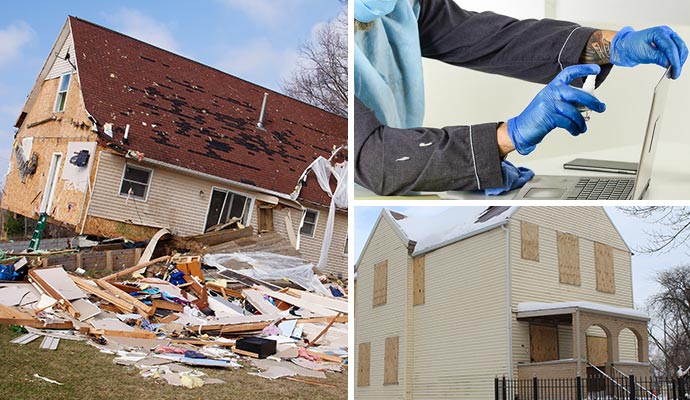 Collage of disaster damaged area, electronic restoration and emergency board up service